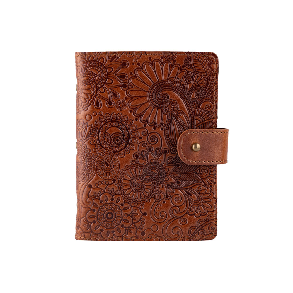 Універсальна візитниця кольору глини з натуральної глянсової шкіри на кобурном гвинті, з авторським тисненням "Mehendi Art", фото 1