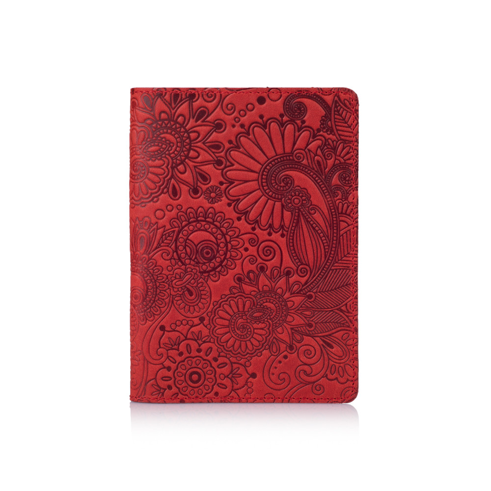 Червона дизайнерська шкіряна обкладинка для паспорта з відділенням для карток, колекція "Mehendi Art"