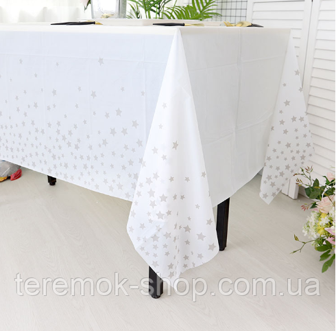 Скатерть праздничная белая с узором звездочки серебро 137Х274 см полиэтиленовая водонепроникаемая одноразовая, фото 1