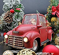 Новогодний Музыкальный Декор " Дед Мороз в машине с подарками" Ночник-Светильник с Подсветкой и Снегом USB + Б