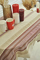 Скатерть з українським орнаментом,скатертина на льоні,скатерть на стіл з бордовою вишивкою.