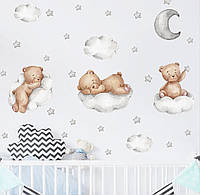 Наклейка декоративная виниловая на стену на шкаф на обои на мебель детская "Три медведя на облаках" 63*80см