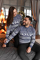 Парні новорічні светри для пари з оленями джинсові без горла вовняний (Bon)