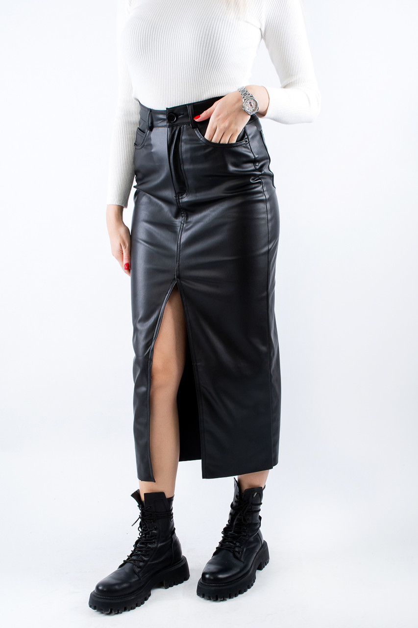 Спідниця міді з екошкіри  з розрізом чорна 2931-W3 (2000000119281), фото 1
