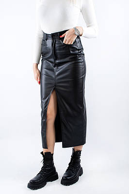 Спідниця міді з екошкіри  з розрізом чорна 2931-W3 (2000000119281)