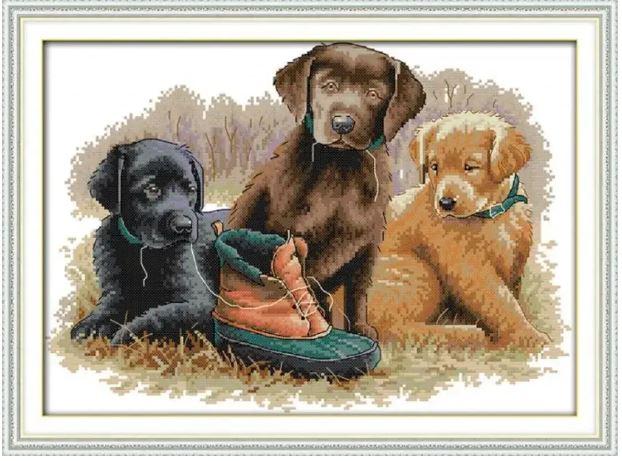 Набір для вишивання за нанесеною на канву схемою "Three dogs". AIDA 14CT printed 42*31 см