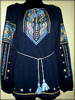 Вишиванка жіноча "Дві дороги" на синьому шифоні, вишита блуза жовтими та голубими нитками, машинна вишивка