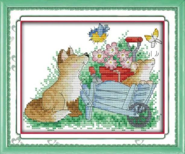 Набір для вишивання за нанесеною на канву схемою "The dogs and butterfly". AIDA 14CT printed, 20*16 см