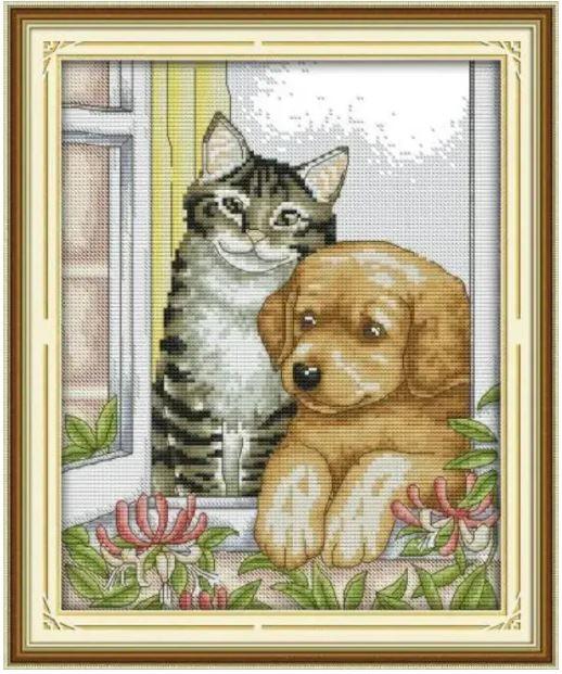 Набір для вишивання за нанесеною на канву схемою "The dog and cat ".AIDA 14CT printed , 28*33 см