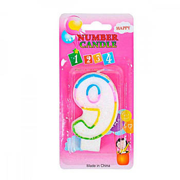 Свічка цифра 9 кольорова 6см з блискітками 636240 G-Rich