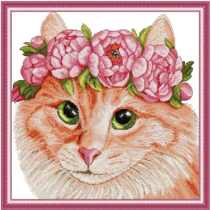 Набір для вишивання за нанесеною на канву схемою "Cat wearing a garland". AIDA 14CT printed 34*34 см
