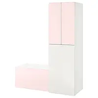 СМОСТАД Гардероб с выдвижным ящиком, белый бледно-розовый/со скамьей с ящиком, 150x57x196 см