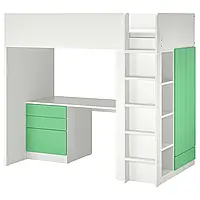 СМОСТАД Кровать-мезонин, бело-зеленый/с письменным столом и 2 полками, 90x200 см