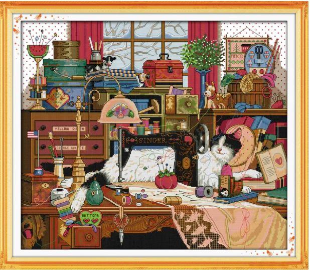 Набір для вишивання за нанесеною на канву схемою "The cat and sewing m". AIDA 14CT printed, 54*48 см