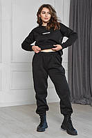 Спортивный костюм женский на флисе черного цвета 166436S