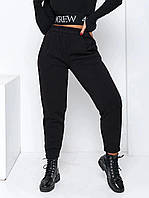 Теплые трикотажные черные женские батальные брюки на флисе в спортивном стиле (р.50-56). Арт-2570/3