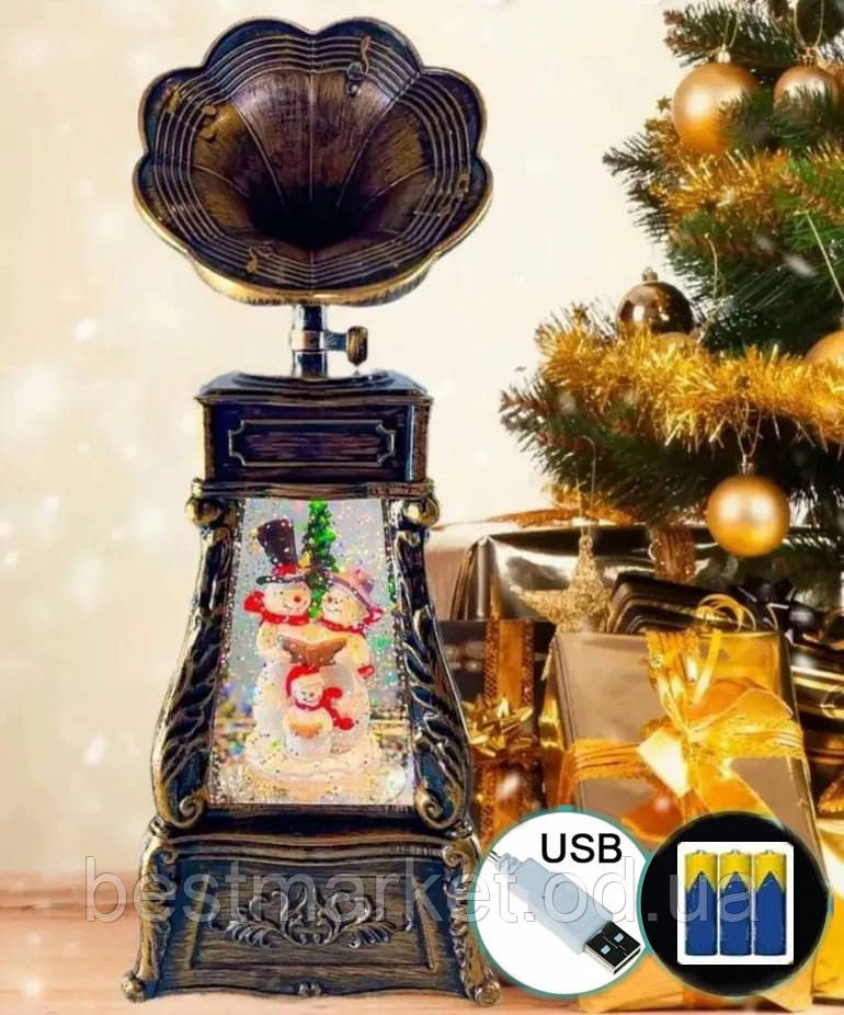 Новорічний музичний Декор "Сніговики в Граммофоні" з Підсвіткою і Снігом USB + Батарейка 27 см
