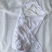Конверт-плед для новонароджених на махрі "Аист" білий, рожева стрічка