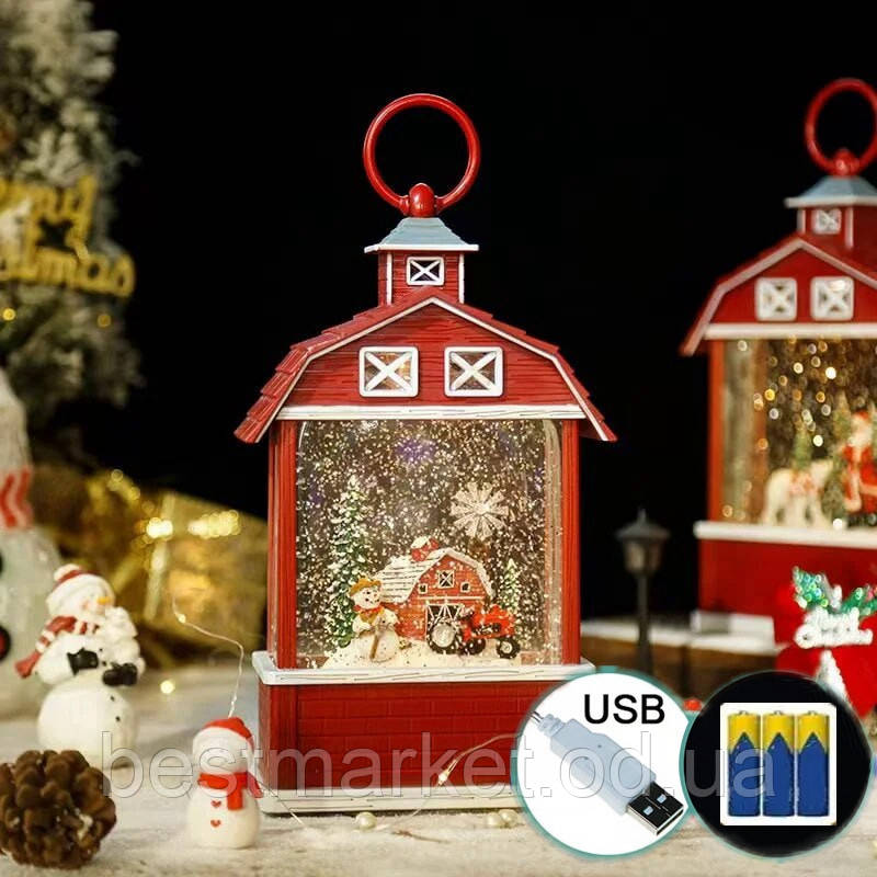 Новорічний Музичний Декор "Сніжний Сарай-Сніговик" з Підсвіткою і Снігом USB + Батарейка 28 см, фото 1