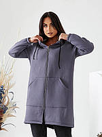 Жіночий подовжений теплий трикотажний кардиган на флісі великих розмірів (р.50-56). Арт-2576/3 сірий