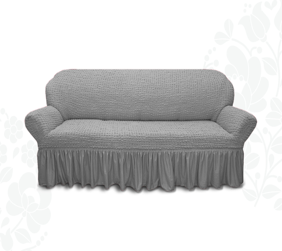 Чохол для двомісного дивана зі спідницею жатка, чохол на невеликий диван 2-х місні малютку однотонний Сірий