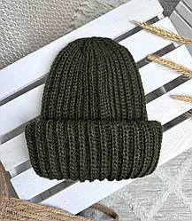Жіноча в'язана шапка з подвійним підворотом. Хакі