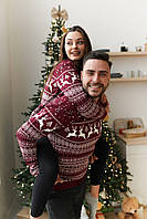 Новогодняя кофта мужская женская зимняя Holiday бордовая | Свитер мужской с оленями теплый ТОП качества
