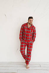 Піжама чоловіча в клітинку фланелева nelle біло-червона чоловічий домашній комплект сорочка штани