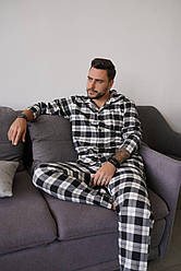 Піжама чоловіча в клітинку фланелева nelle чорно-біла чоловічий домашній комплект сорочка штани