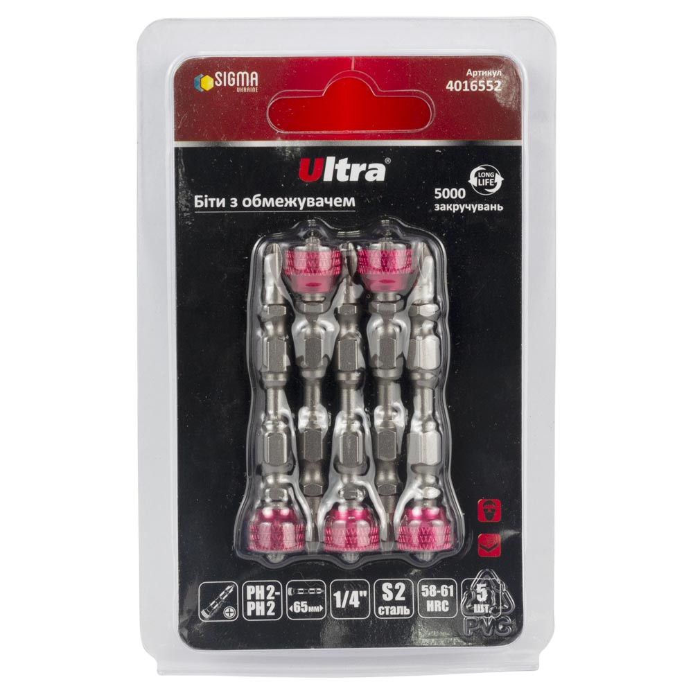 Біти з обмежувачем PH2-PH2×65мм 1⁄4" 5 шт S2 (блістер) ТМ ULTRA, фото 1
