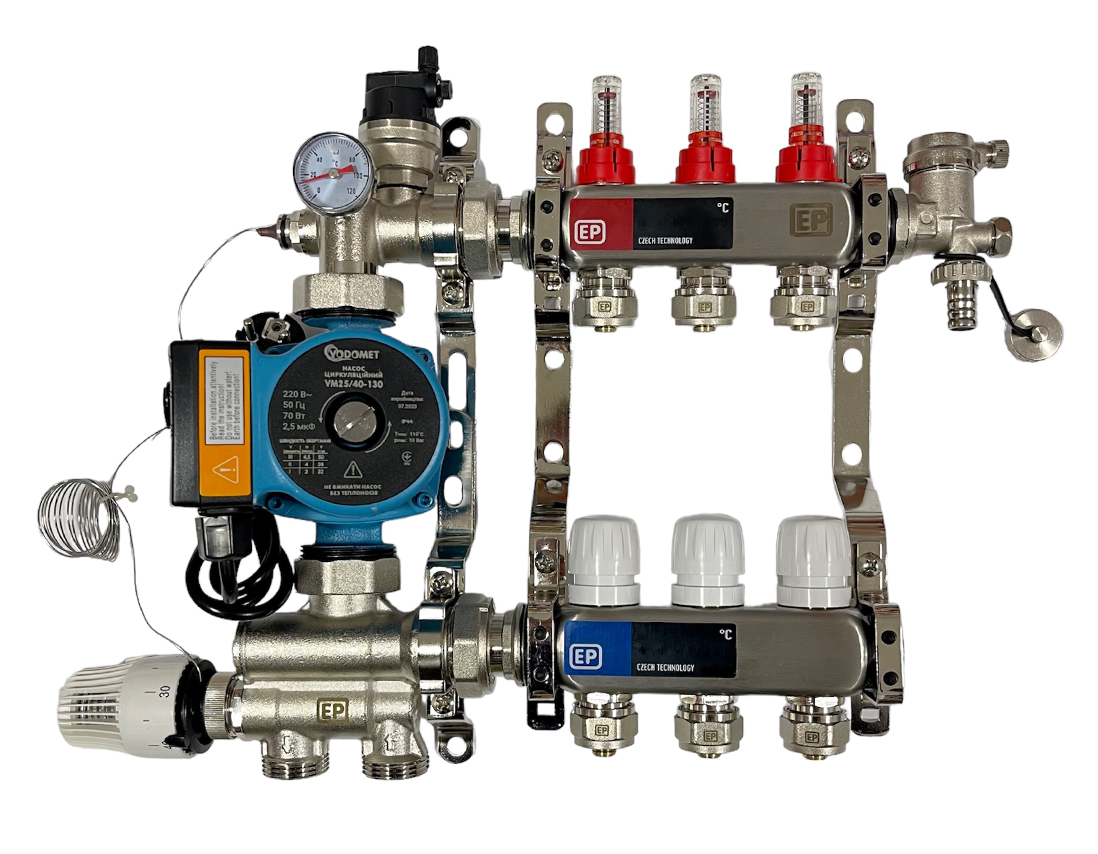 Колектор для теплої підлоги в зборі з насосом на 3 контури EP (Чехія) нержавіюча сталь