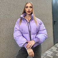 Лавандова тепла коротка зимова куртка пуховик з кулісою знизу та кишенями на блискавці (пуффер), 42-46