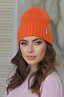 Вязаная шапка женская теплая оранжевая с отворотом "Шарлотта"