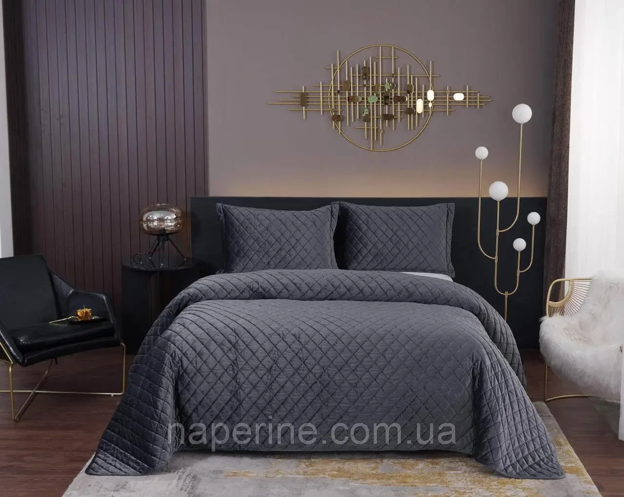 Покривало велюрове стьобане 250 на 260 см з наволочками Lizbon Home Туреччина графітове, фото 1