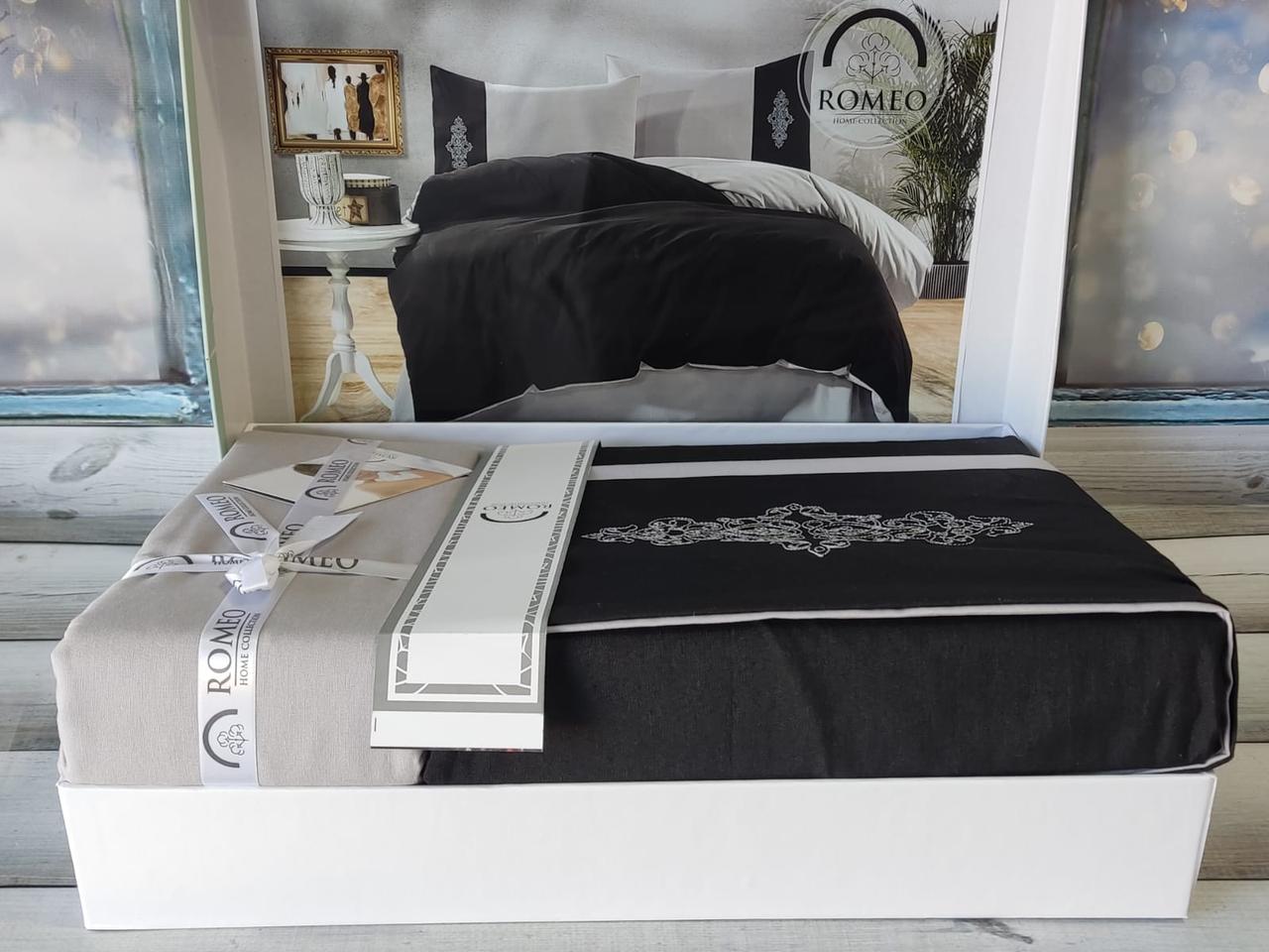 Постільна білизна з вишивкою євро розмір ранфорс Romeo Home чорно сіра, фото 1
