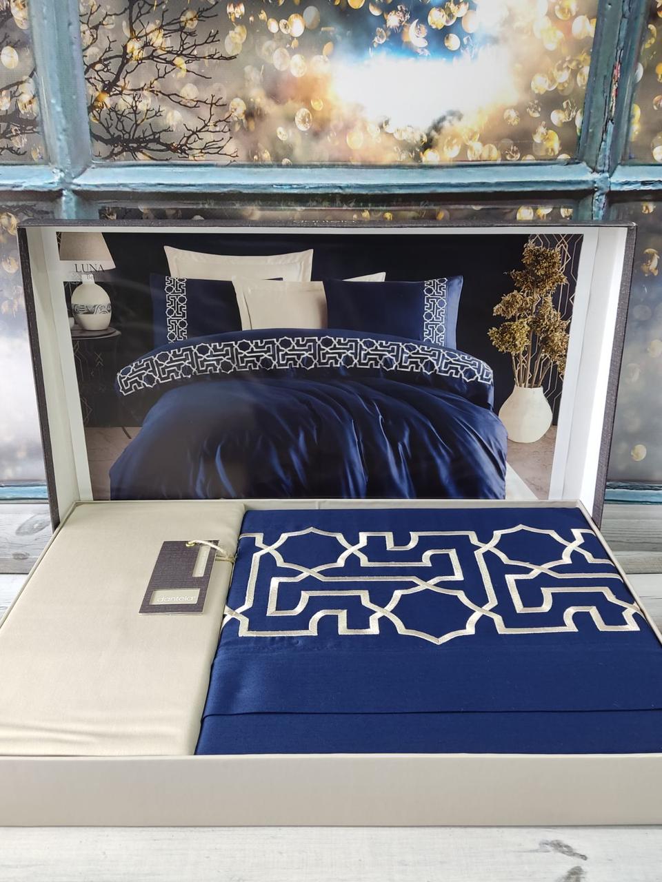 Люксова постільна білизна сатинова з вишивкою євро розмір  Dantela Luna Туреччина, фото 1