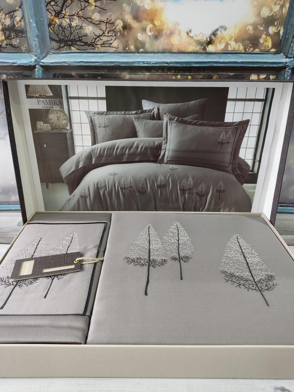 Люксова постільна білизна сатинова з вишивкою євро розмір  Dantela Pamira Туреччина, фото 1