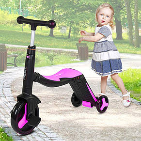 Самокат 3в1 Best Scooter S 868, самокат-велобіг-велосипед, світло, колеса PU, Рожевий (212), фото 1