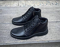 Мужские зимние черные ботинки на шнурках и молнии. Утепленные мужские кожаные черные ботинки на шерсти