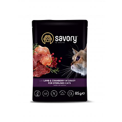 Вологий корм для стерилізованих кішок Savory (Сейворі) Cat Pouch for Sterilised ягня з журавлиною в соусі 85 г