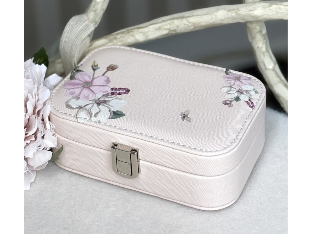 ❤️Скринька зі шкірозамінника для прикрас з замком, Ніжні вишневі квіти, компактна, фото 1