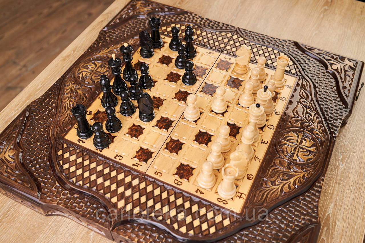 Шахи, шашки та нарди різьблені преміум якості ручної роботи з липи