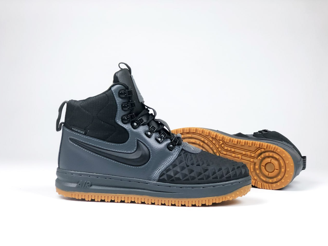 Чоловічі зимові кросівки Nike Lunar Force 1 Duckboot 17 з хутром чорні сірим Найк Лунар Форс чорні високі шкіряні