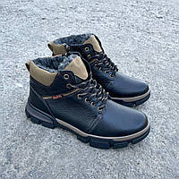 Мужские зимние черные ботинки на шнурках и молнии. Утепленные мужские кожаные черные ботинки на шерсти