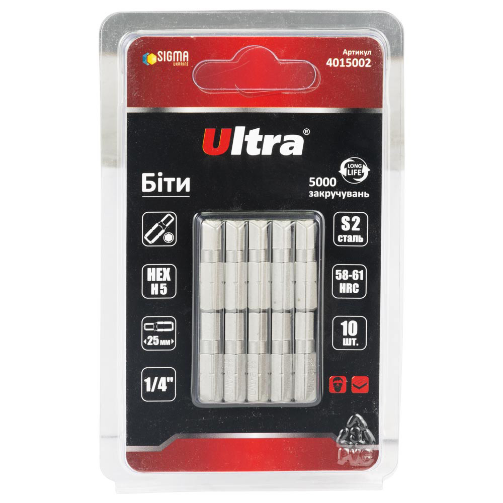 Біти HEX 5×25мм 1⁄4" 10 шт S2 (блістер) ТМ ULTRA, фото 1