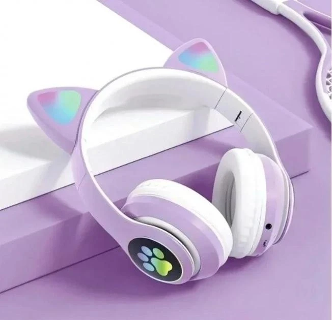 Бездротові навушники з котячими вушками Bluetooth Cat VZV-23M з мікрофоном, AUX, LED підсвічування Фіолетові