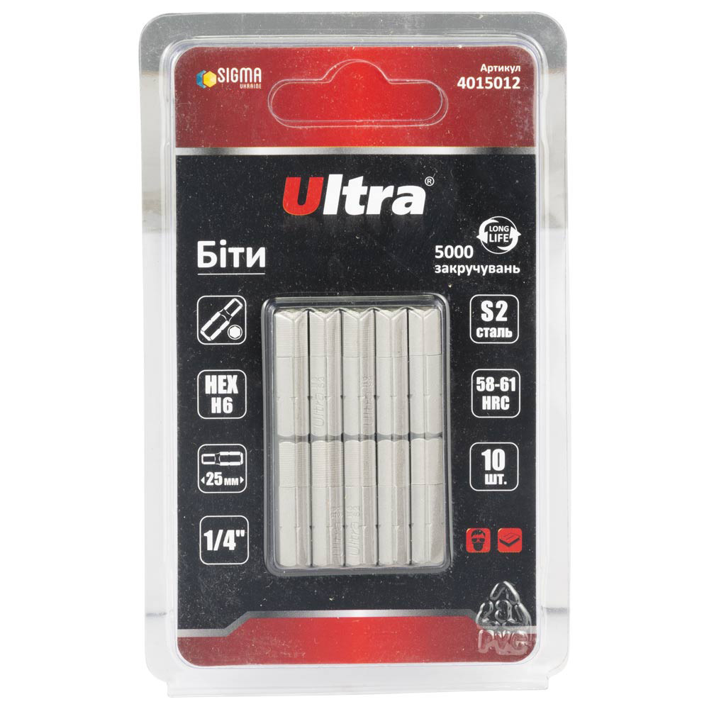 Біти HEX 6×25мм 1⁄4" 10 шт S2 (блістер) ТМ ULTRA, фото 1