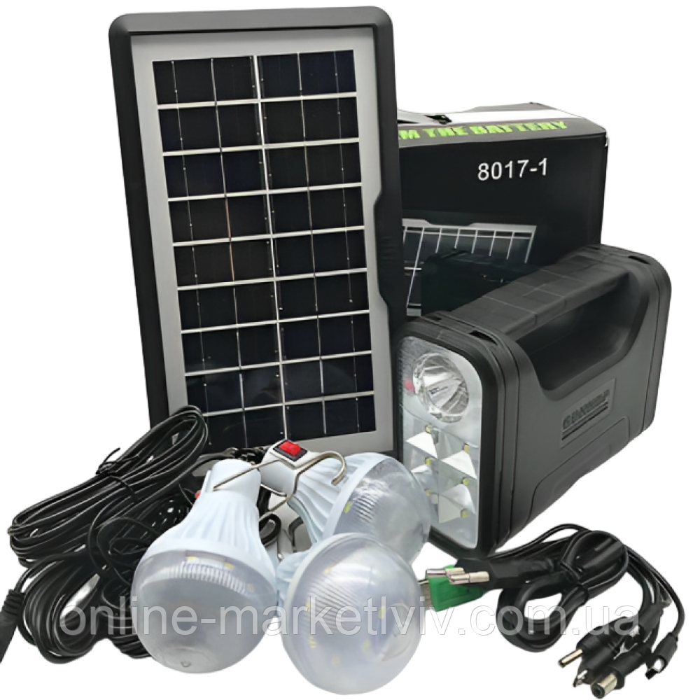 Портативная станция для зарядки Solar light system GD-8017-1, с 3 лампами и солнечной панелью / Фонарь - фото 1 - id-p1993812166