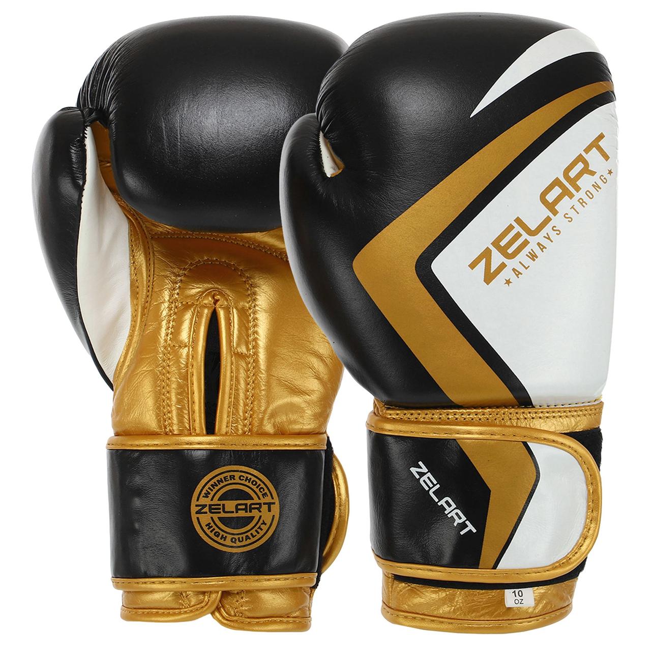 Рукавиці для боксу шкіряні на липучці Zelart Fight Gear 14 унцій Black-Gold-White
