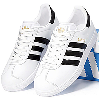 Кроссовки женские и мужские Adidas Gazelle White Black / кеды Адидас Газель белые с черным